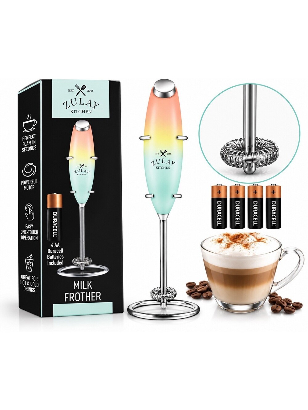 🩵 Zulay Kitchen Milk Frother Gradient Pastel Electric Handheld 4 AA Batteries